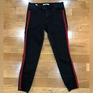 Sam Edelman The Kitten Mid Rise Skinny Ankle Black Jeans w/Red Stripes Size 28